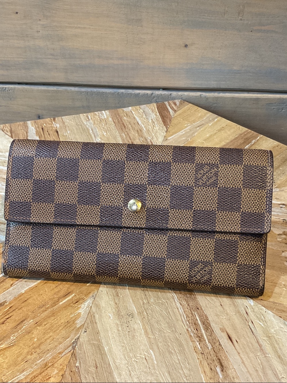 Louis Vuitton Brown Damier Ebene Long Wallet with Gold Button